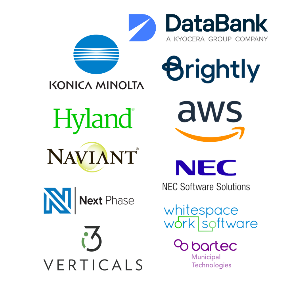 Databank IMX, Konica Minolta, Brightly, AWS, Hyland, Naviant, NEC, Next Phase Solutions, i3 Verticals, Whitespace, Bartec
