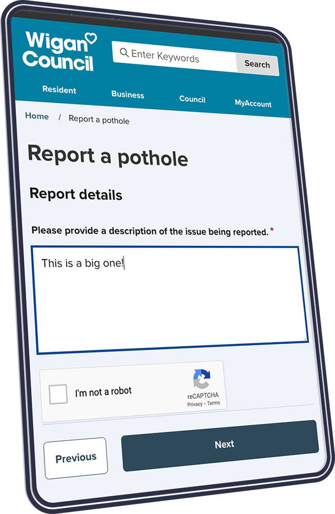 Screenshot of the homepage for reporting a pothole