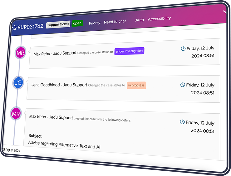 Jadu support timeline showing an open ticket