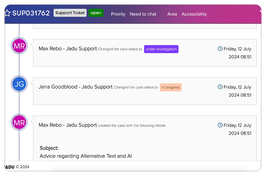 Jadu support timeline showing an open case